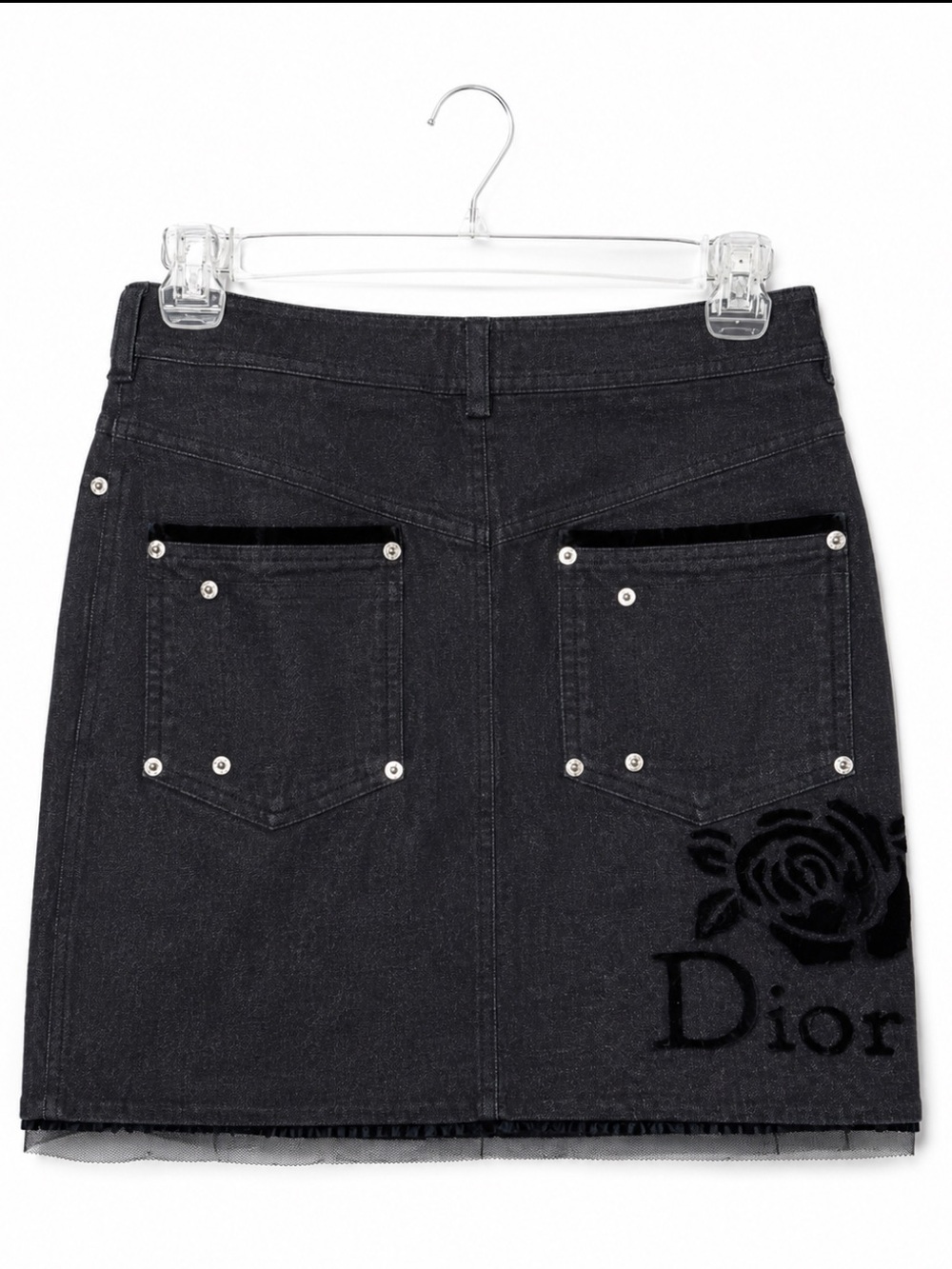 Dior mini Jean skirt with Black velvet Floral Accent silk mesh trim 5 pocket